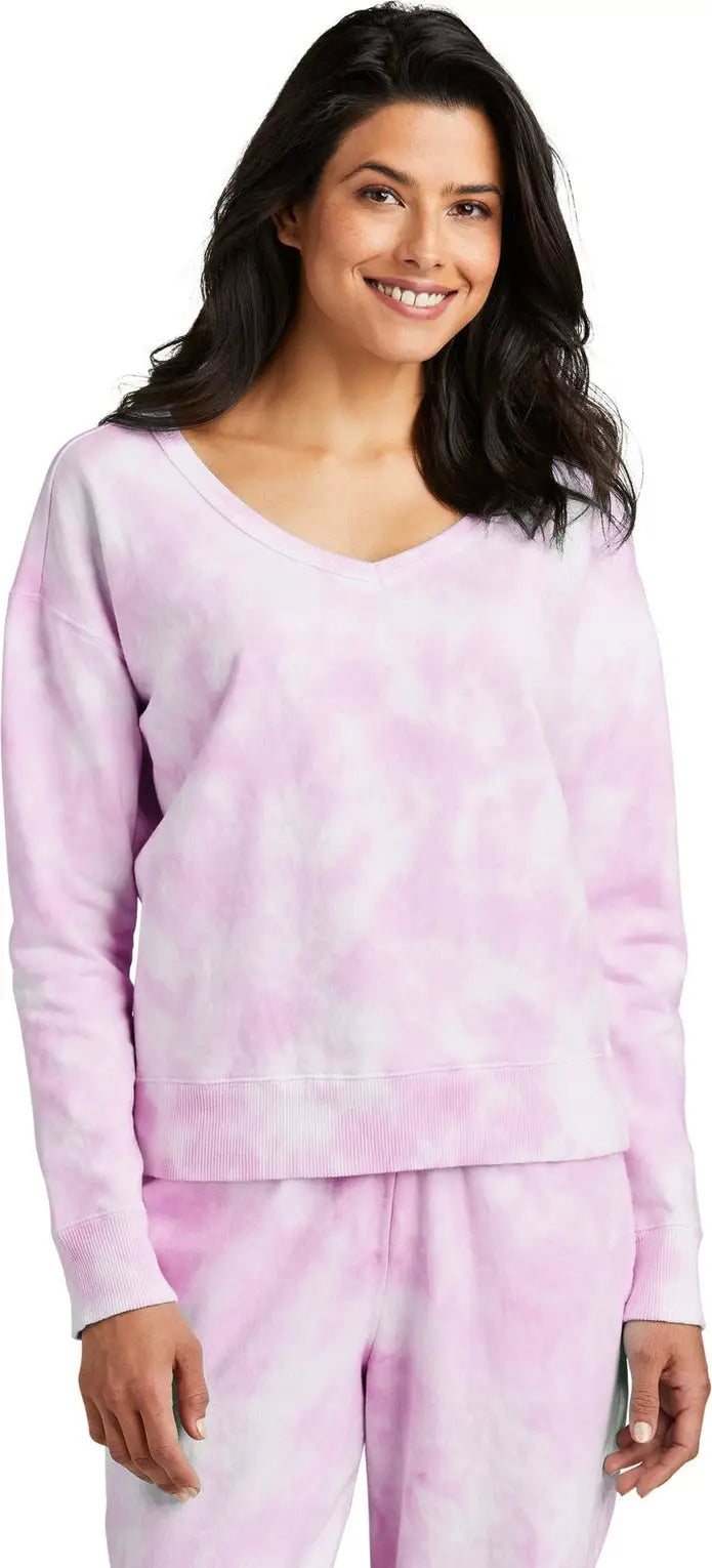 Port & Company Lpc140v co Women’s Beach Wash Cloud Tie-dye V-neck Sweatshirt - Cerise Pink - Ladies Xs