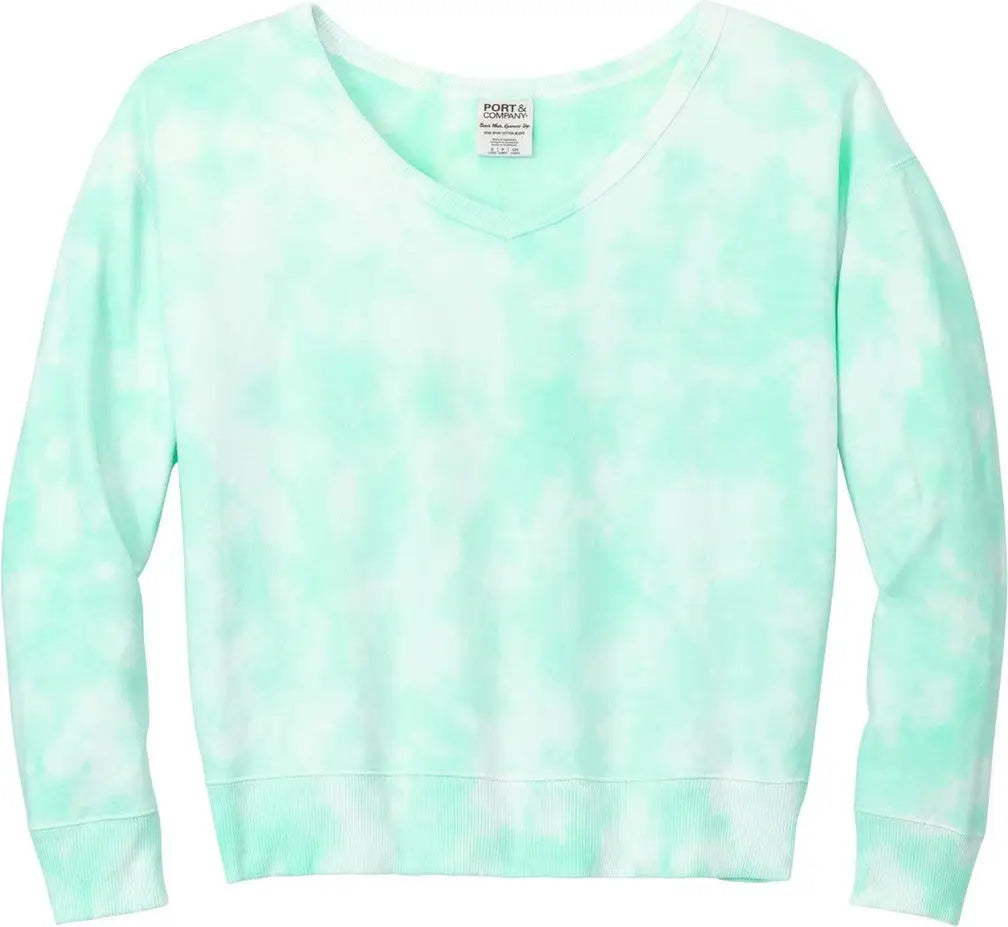 Port & Company Lpc140v co Women’s Beach Wash Cloud Tie-dye V-neck Sweatshirt - Cool Mint