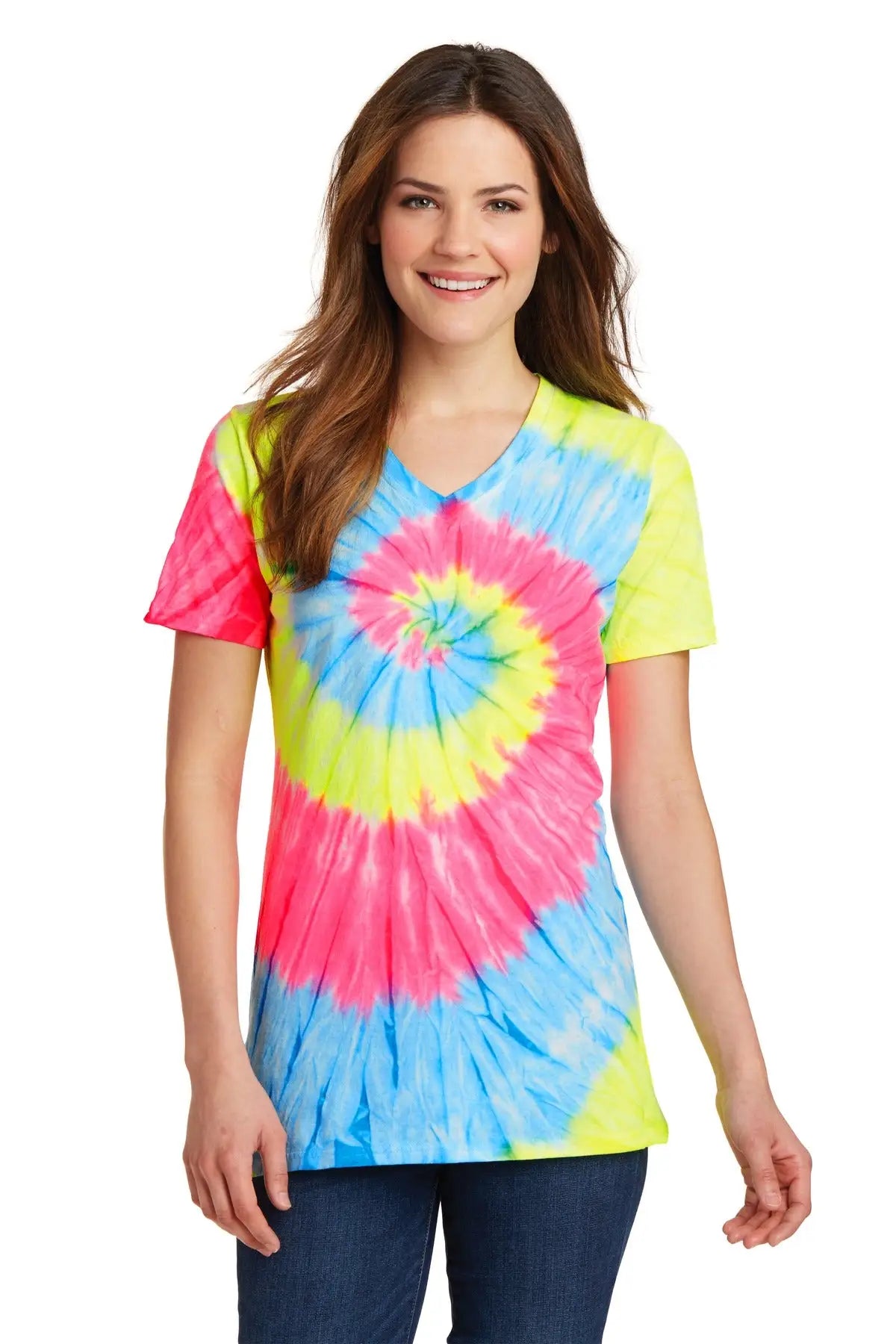 Port & Company Lpc147v co Women’s Tie-dye V-neck Tee - Neon Rainbow - Ladies Xs