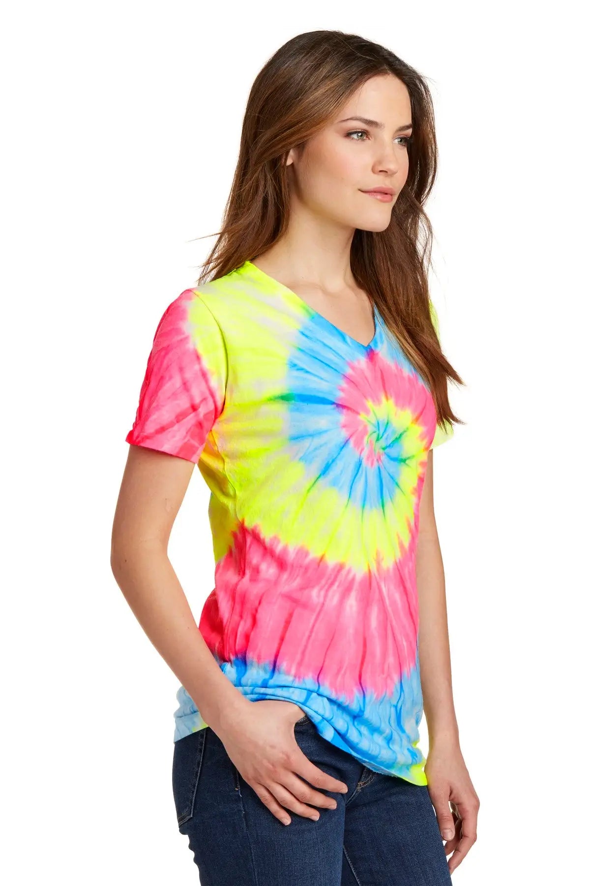 Port & Company Lpc147v co Women’s Tie-dye V-neck Tee - Neon Rainbow