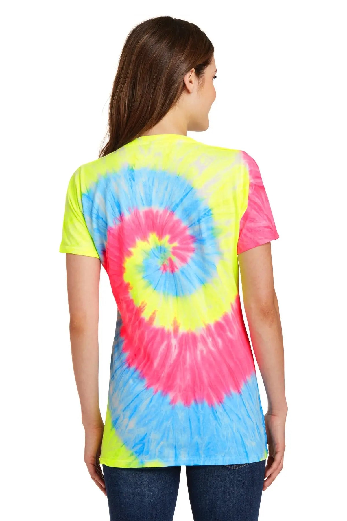 Port & Company Lpc147v co Women’s Tie-dye V-neck Tee - Neon Rainbow