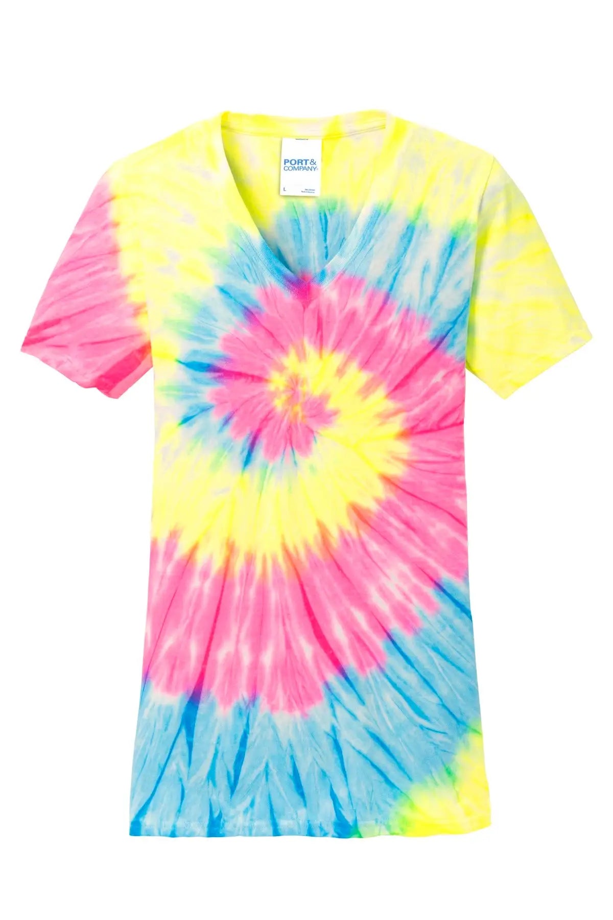 Port & Company Lpc147v co Women’s Tie-dye V-neck Tee - Neon Rainbow