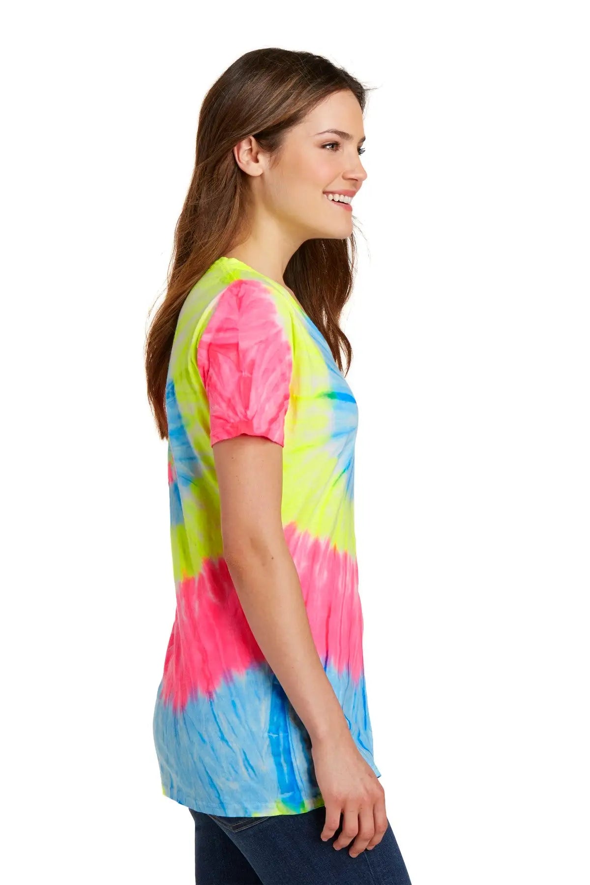 Port & Company Lpc147v co Women’s Tie-dye V-neck Tee - Neon Rainbow