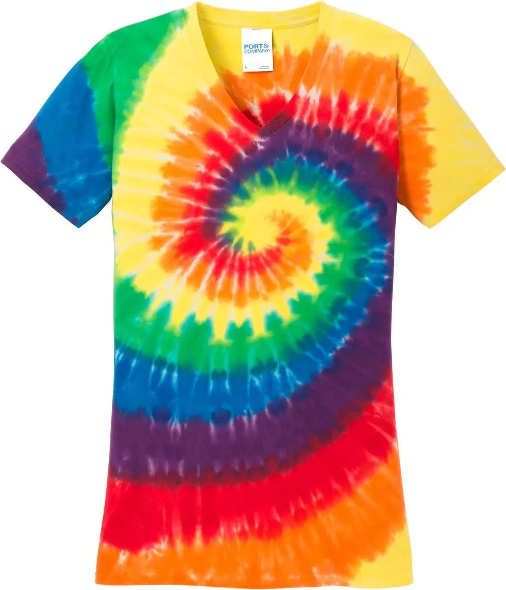Port & Company Lpc147v co Women’s Tie-dye V-neck Tee - Rainbow