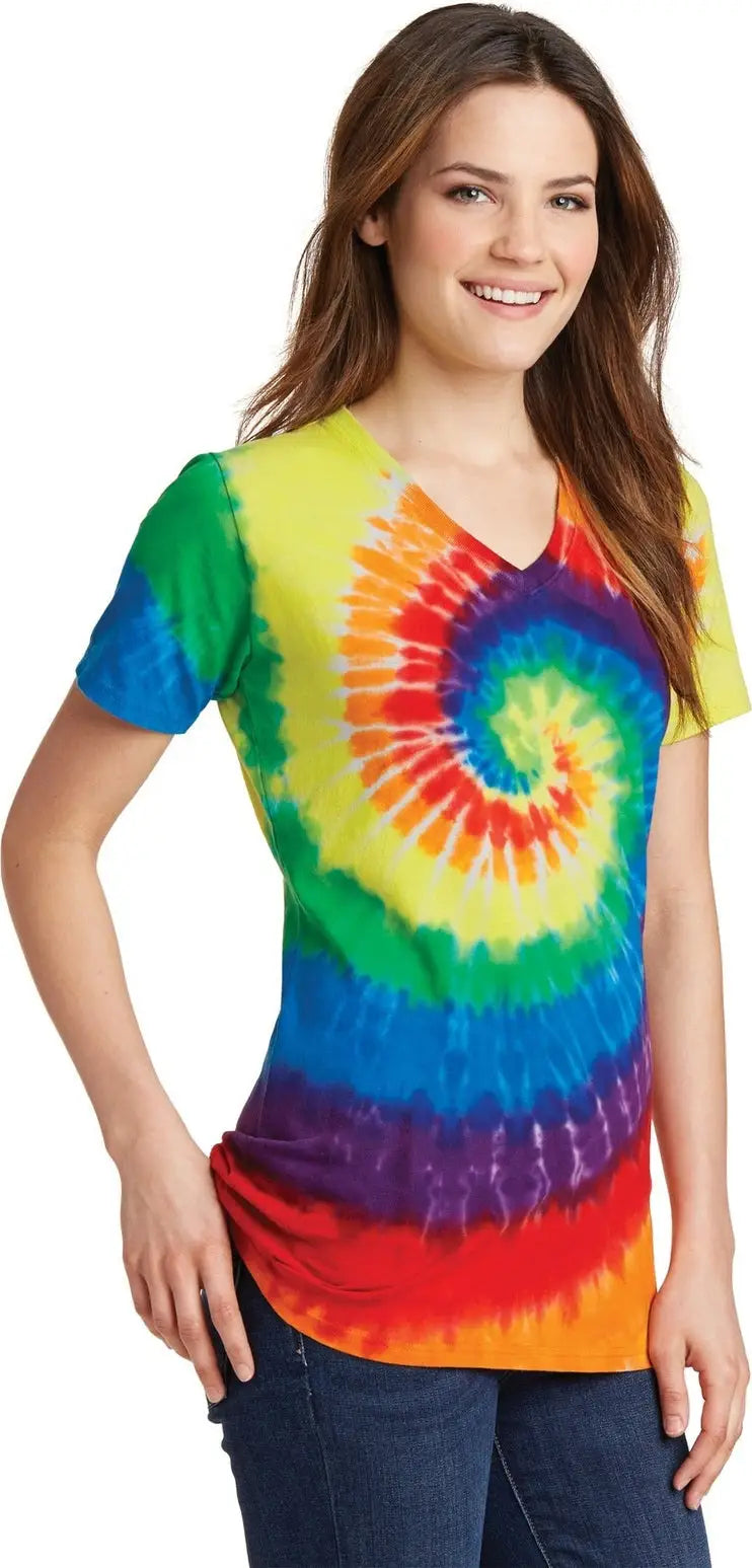 Port & Company Lpc147v co Women’s Tie-dye V-neck Tee - Rainbow