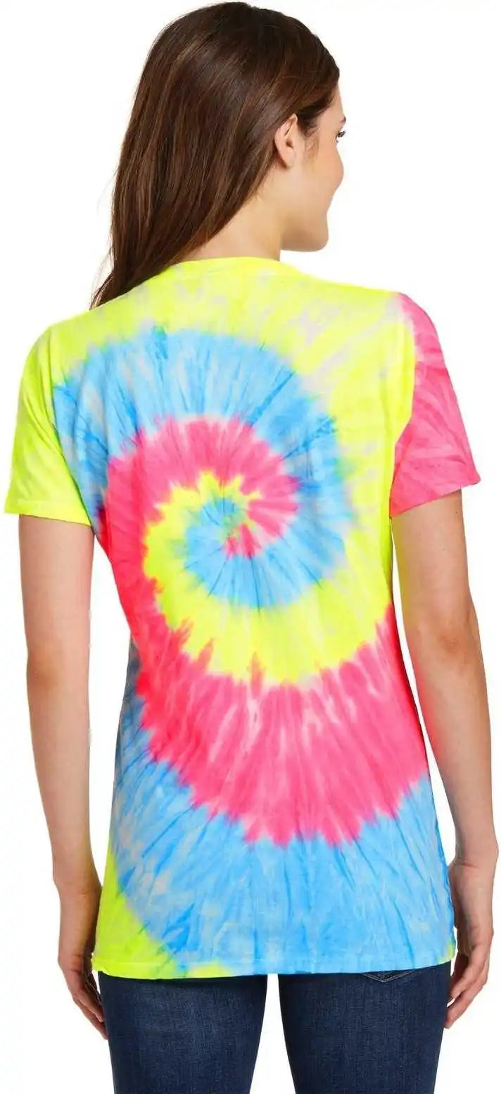 Port &amp; Company Lpc147v Ladies Tie Dye v Neck Tee Neon Rainbow