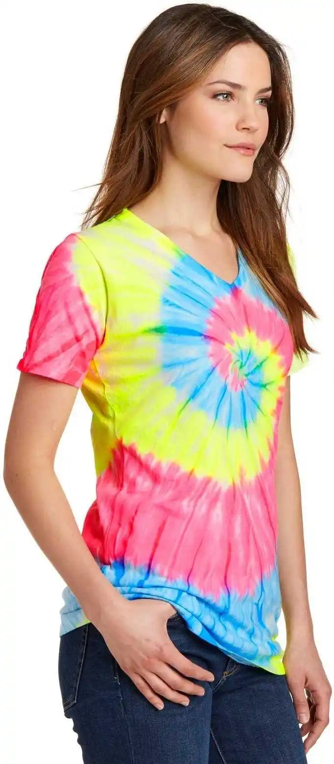 Port &amp; Company Lpc147v Ladies Tie Dye v Neck Tee Neon Rainbow