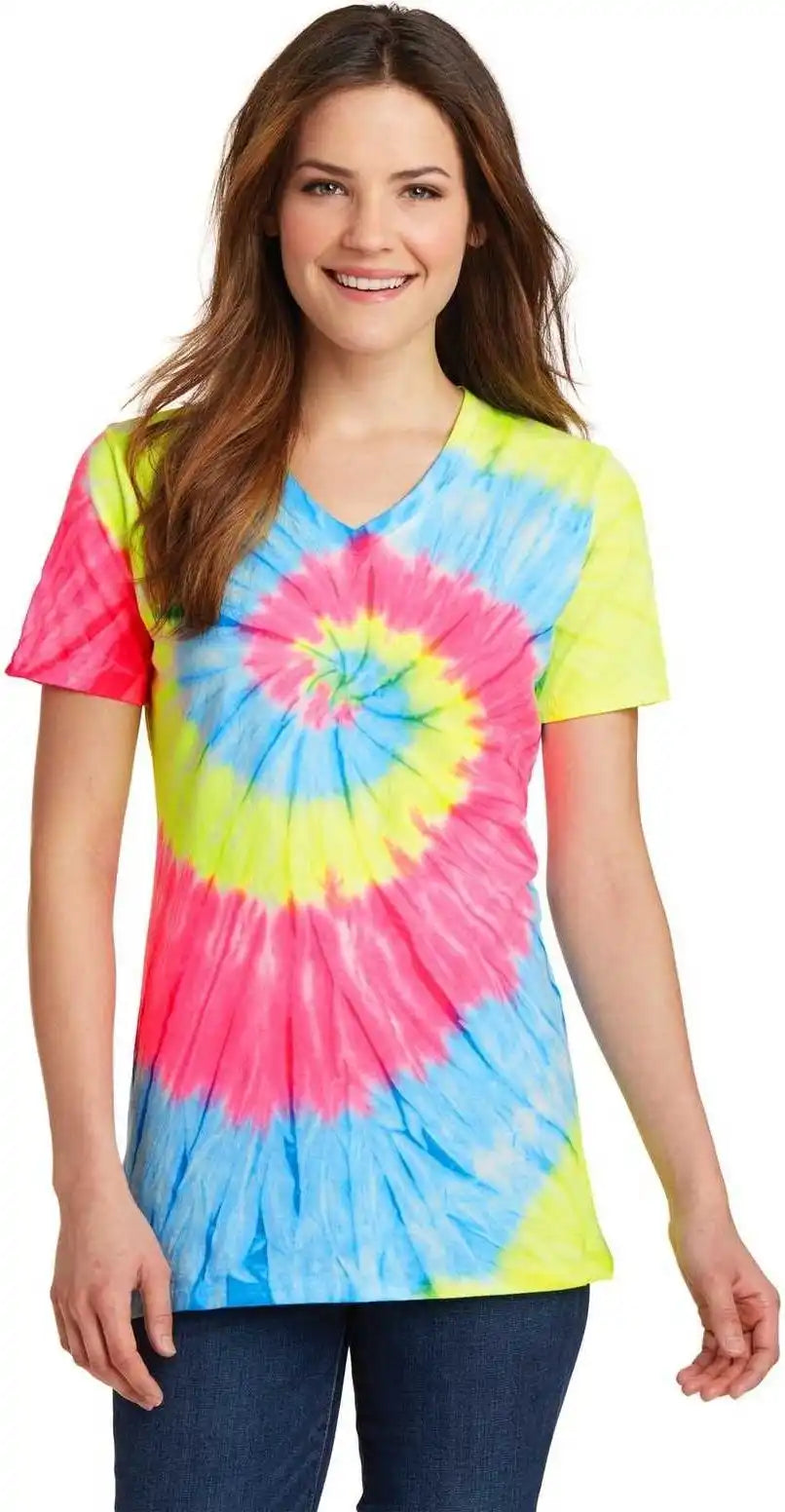 Port &amp; Company Lpc147v Ladies Tie Dye v Neck Tee Neon Rainbow