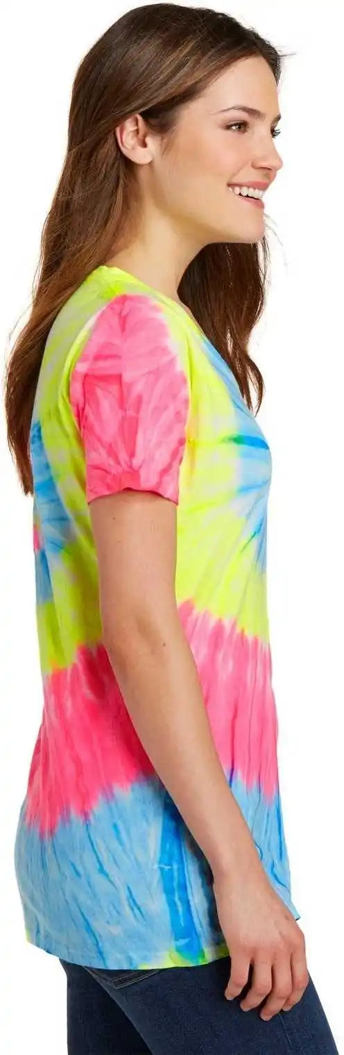 Port &amp; Company Lpc147v Ladies Tie Dye v Neck Tee Neon Rainbow