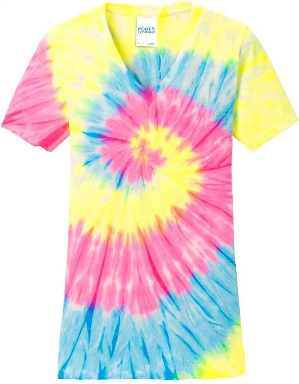 Port &amp; Company Lpc147v Ladies Tie Dye v Neck Tee Neon Rainbow