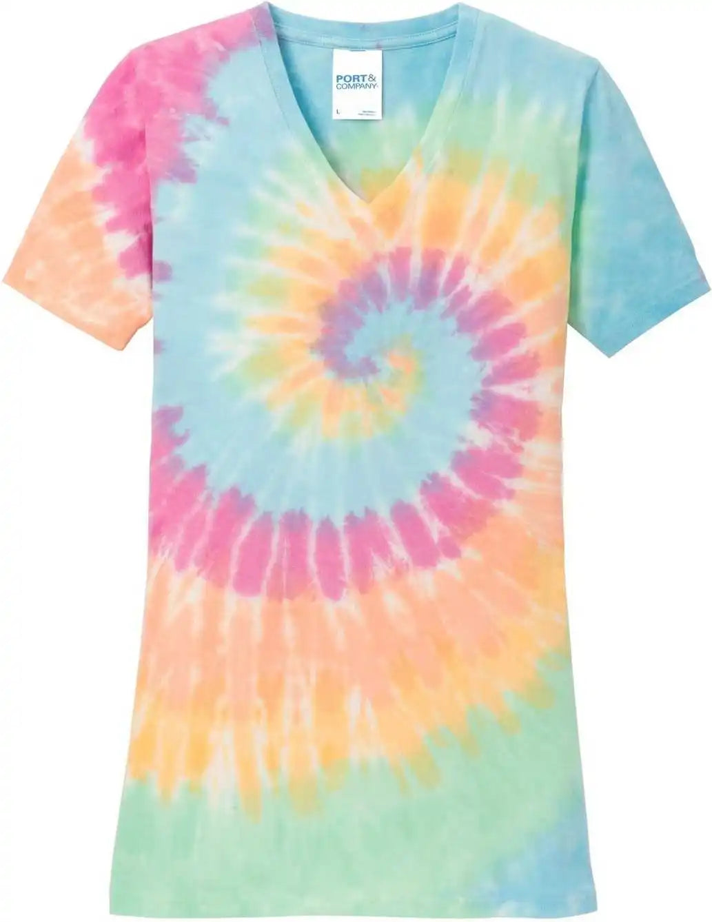 Port &amp; Company Lpc147v Ladies Tie Dye v Neck Tee Pastel Rainbow