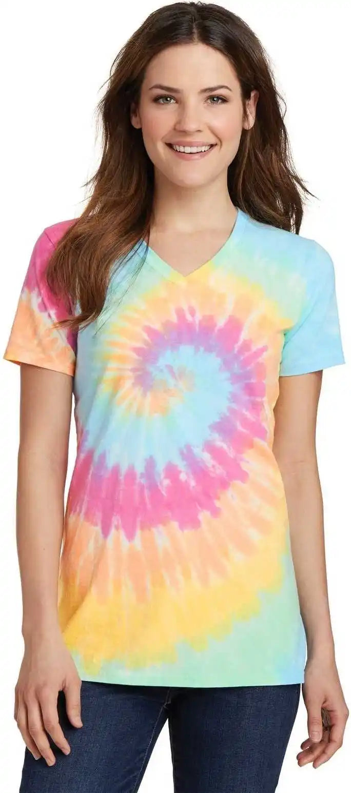 Port &amp; Company Lpc147v Ladies Tie Dye v Neck Tee Pastel Rainbow