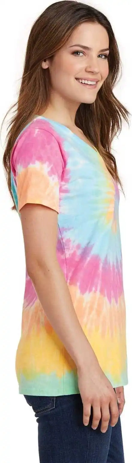 Port &amp; Company Lpc147v Ladies Tie Dye v Neck Tee Pastel Rainbow