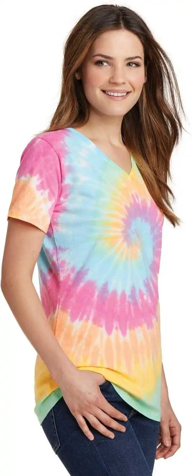 Port &amp; Company Lpc147v Ladies Tie Dye v Neck Tee Pastel Rainbow