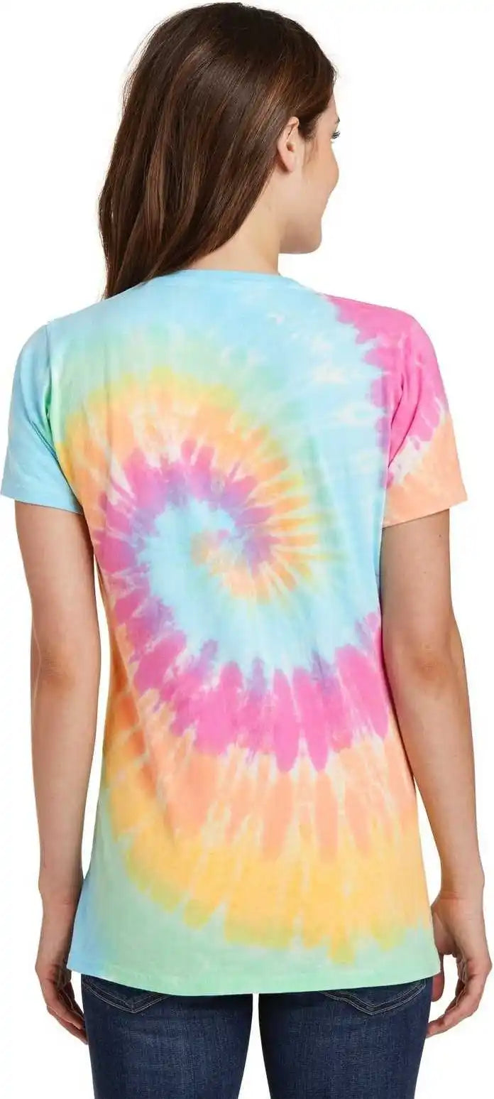 Port &amp; Company Lpc147v Ladies Tie Dye v Neck Tee Pastel Rainbow