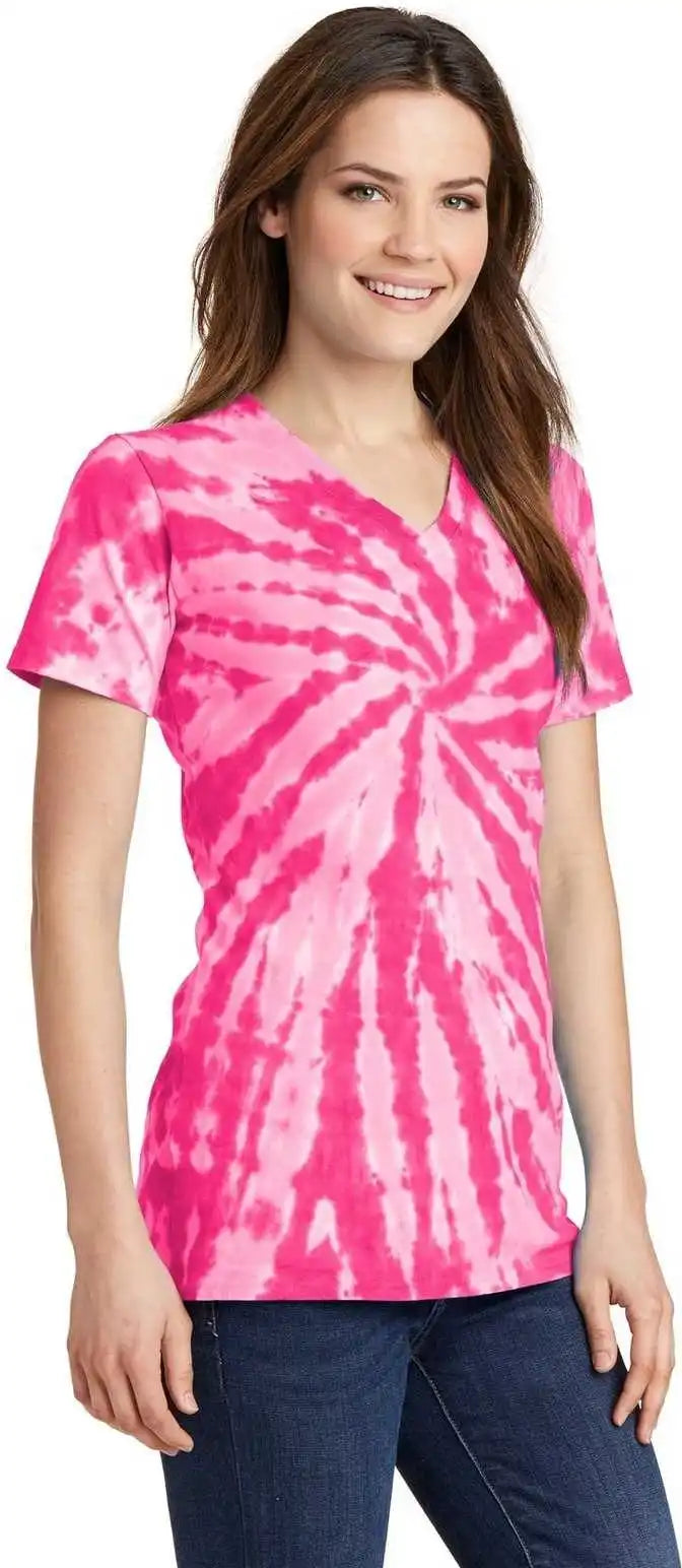 Port &amp; Company Lpc147v Ladies Tie-dye V-neck Tee - Pink