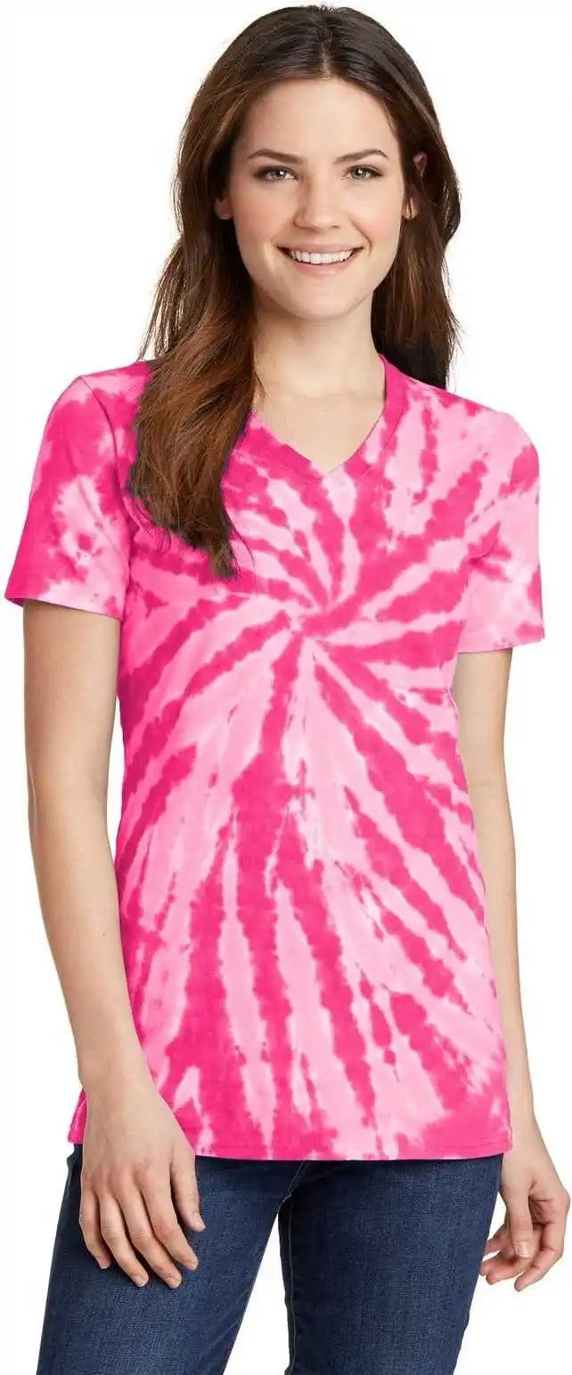 Port &amp; Company Lpc147v Ladies Tie-dye V-neck Tee - Pink