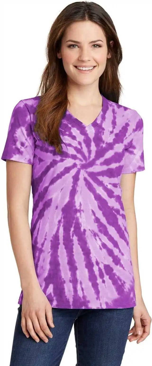 Port &amp; Company Lpc147v Ladies Tie Dye v Neck Tee Purple