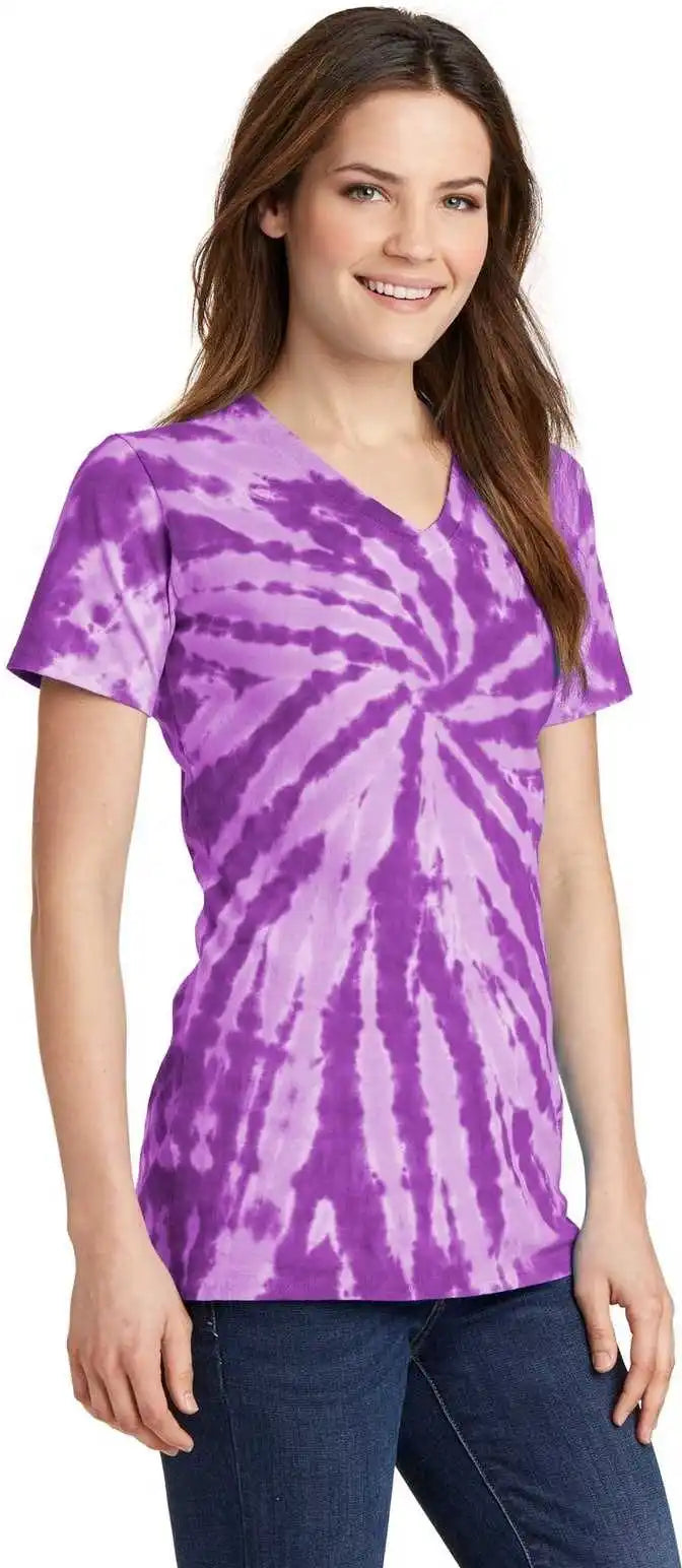 Port &amp; Company Lpc147v Ladies Tie Dye v Neck Tee Purple