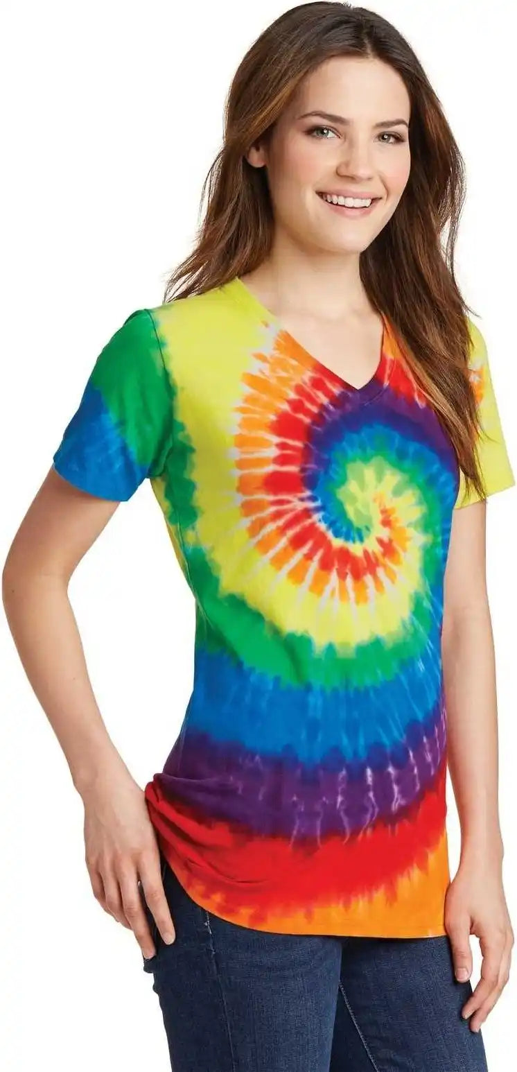 Port & Company Lpc147v Ladies Tie-dye V-neck Tee - Rainbow