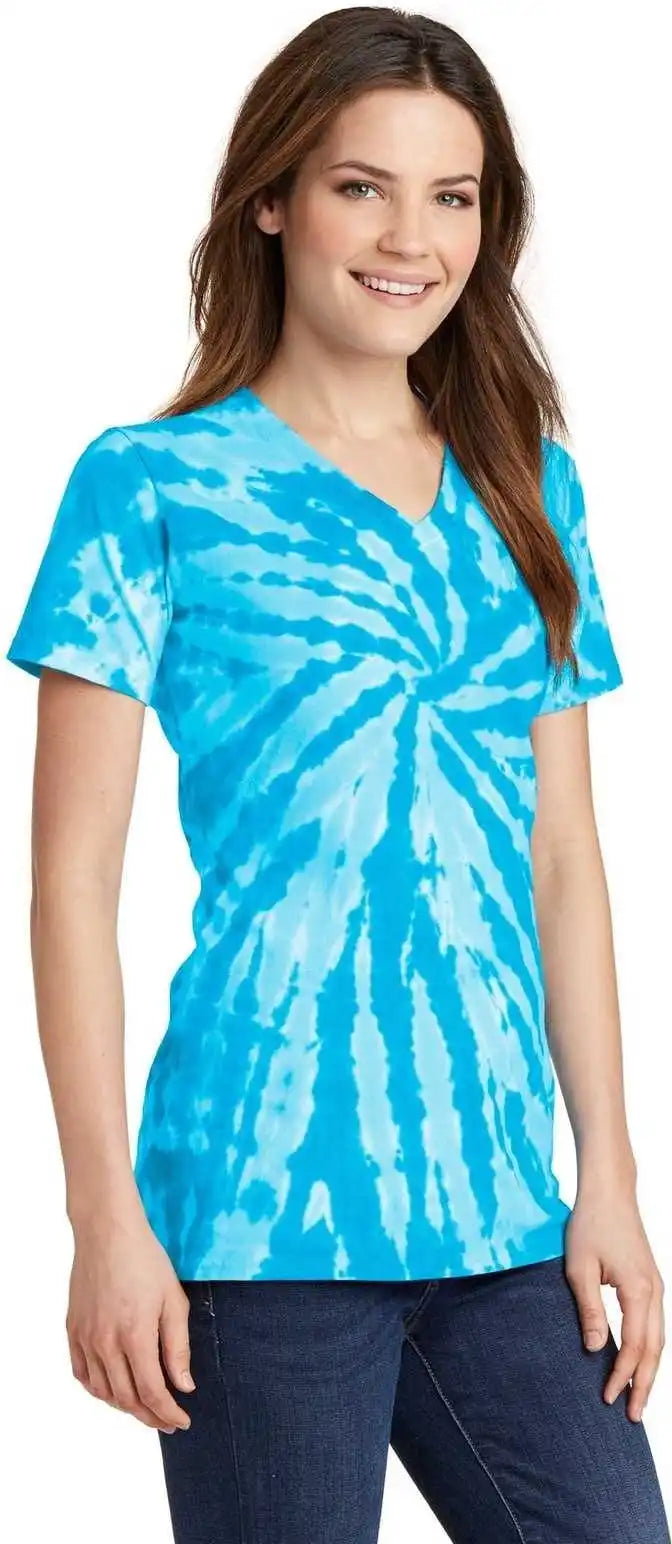 Port &amp; Company Lpc147v Ladies Tie-dye V-neck Tee - Turquoise