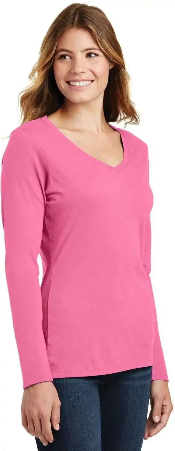 Port & Company Lpc450vls Ladies Long Sleeve Fan Favorite v Neck Tee New Pink