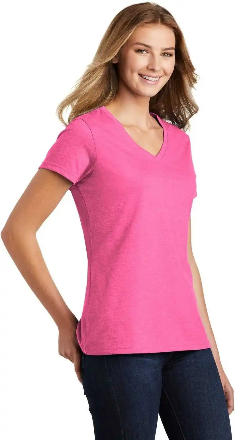 Port &amp; Company Lpc455v Ladies Fan Favorite Blend v Neck Tee Neon Pink Heather