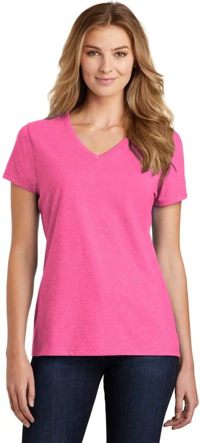 Port &amp; Company Lpc455v Ladies Fan Favorite Blend v Neck Tee Neon Pink Heather