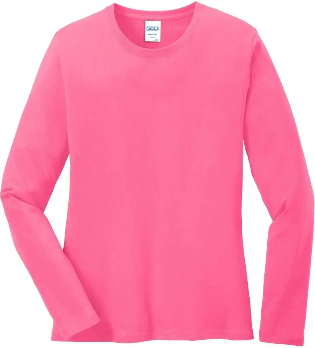 Port &amp; Company Lpc54ls Ladies Long Sleeve Core Cotton Tee - Neon Pink