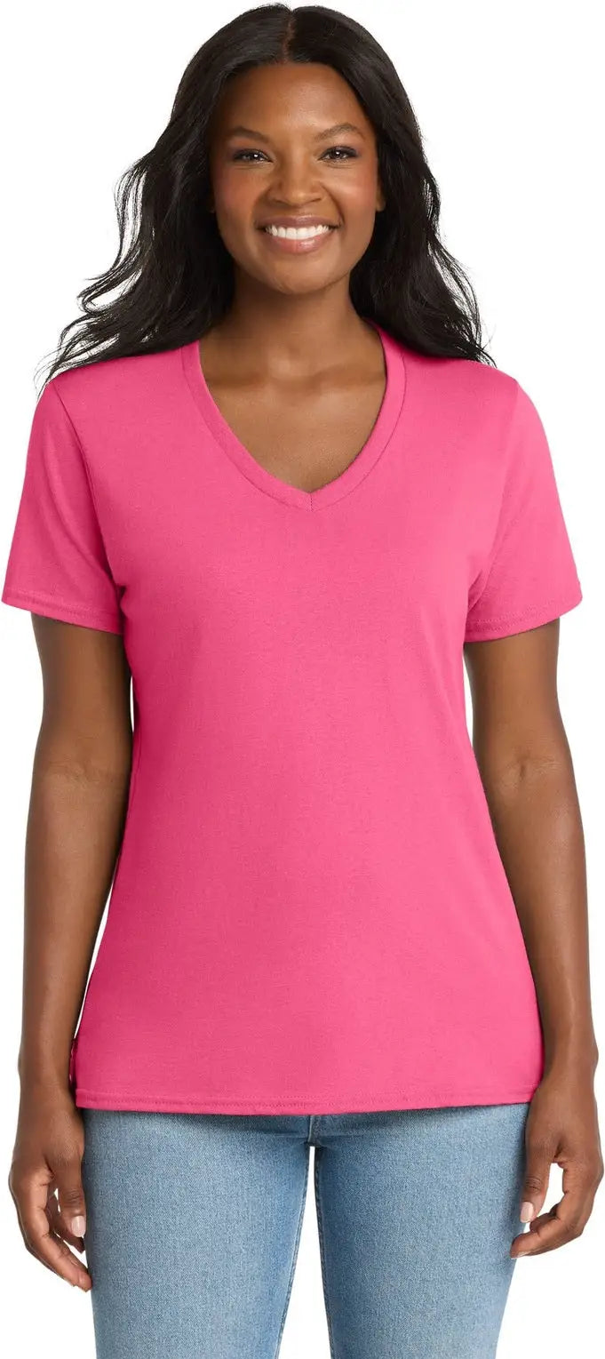 Port & Company Lpc54v co Women’s Core Cotton V-neck Tee - Neon Pink