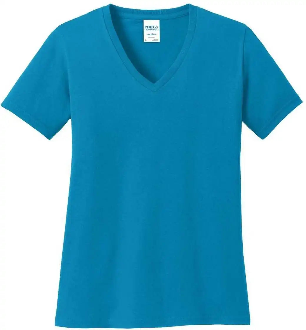 Port &amp; Company Lpc54v Ladies Core Cotton v Neck Tee Neon Blue