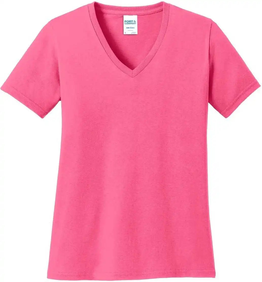 Port &amp; Company Lpc54v Ladies Core Cotton v Neck Tee Neon Pink