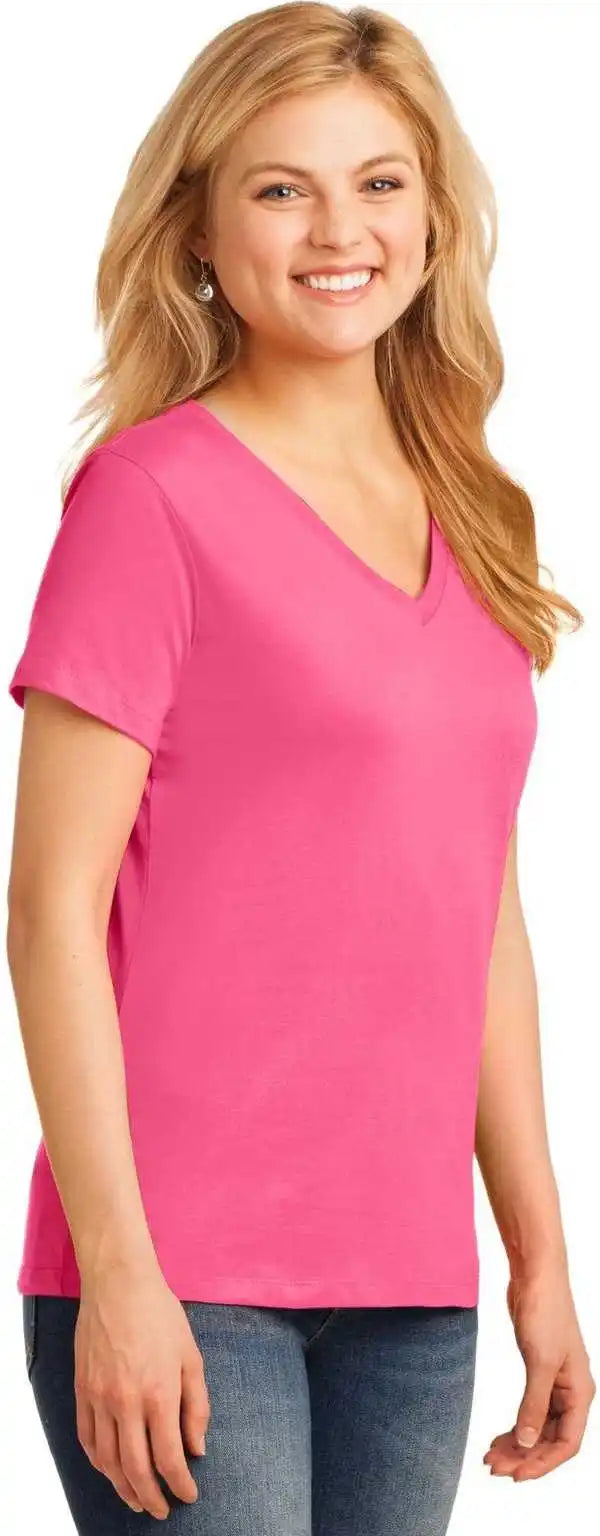 Port &amp; Company Lpc54v Ladies Core Cotton v Neck Tee Neon Pink