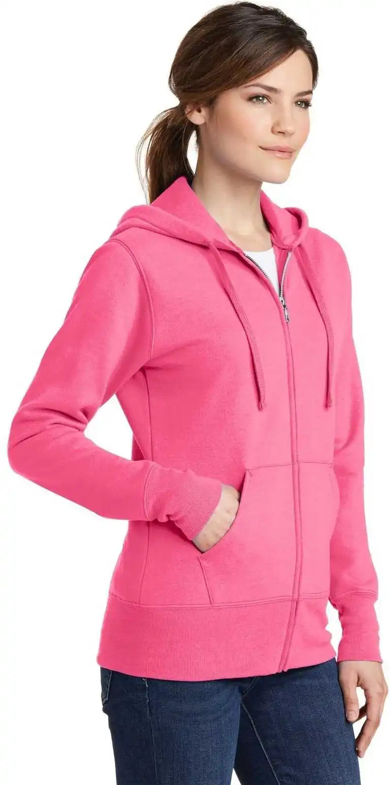 Port &amp; Company Lpc78zh Ladies Core Fleece Full Zip Hooded Sweatshirt Neon Pink