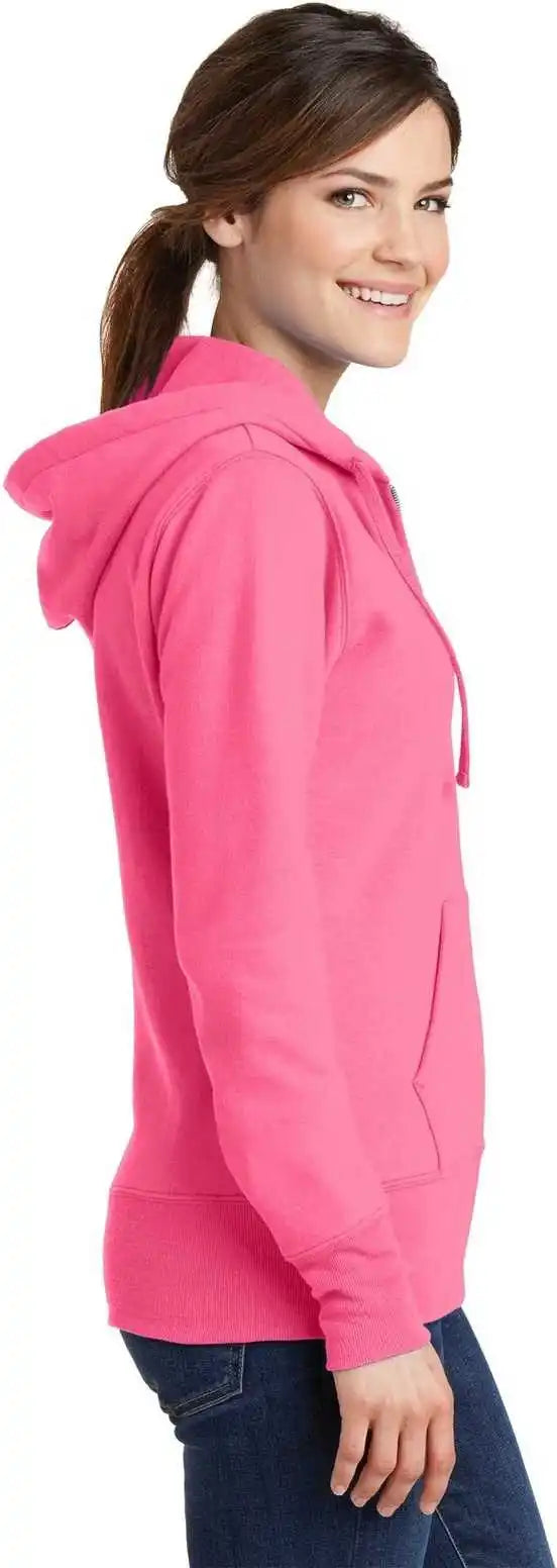 Port &amp; Company Lpc78zh Ladies Core Fleece Full Zip Hooded Sweatshirt Neon Pink