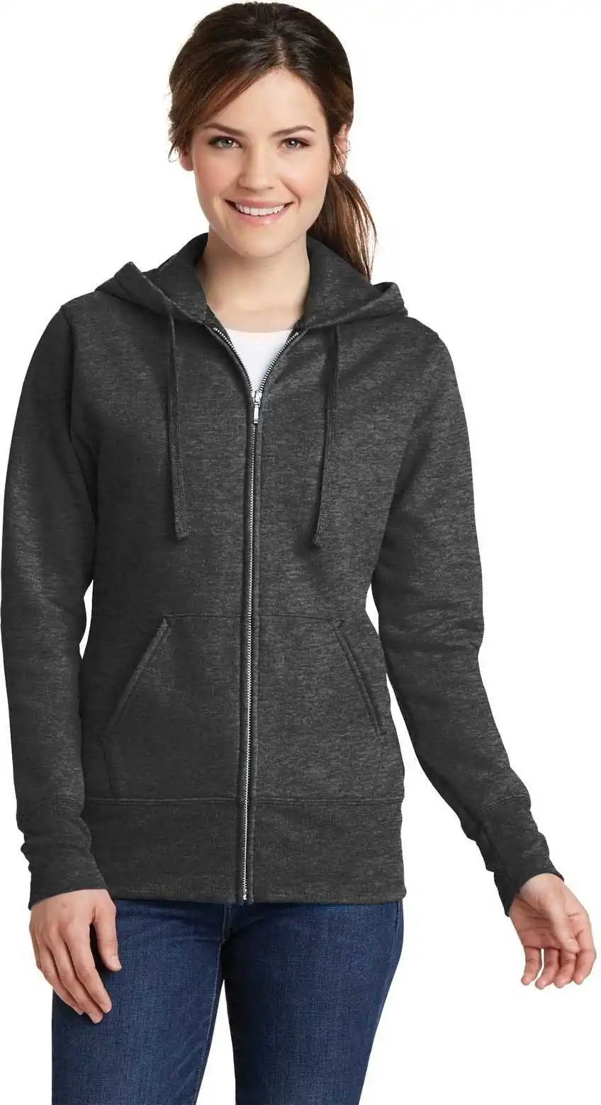 Port &amp; Company Lpc78zh Ladies Core Fleece Full Zip Hooded Sweatshirt Dark Heather Gray