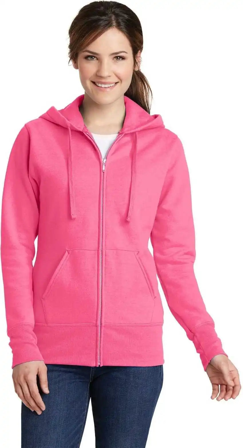 Port &amp; Company Lpc78zh Ladies Core Fleece Full Zip Hooded Sweatshirt Neon Pink