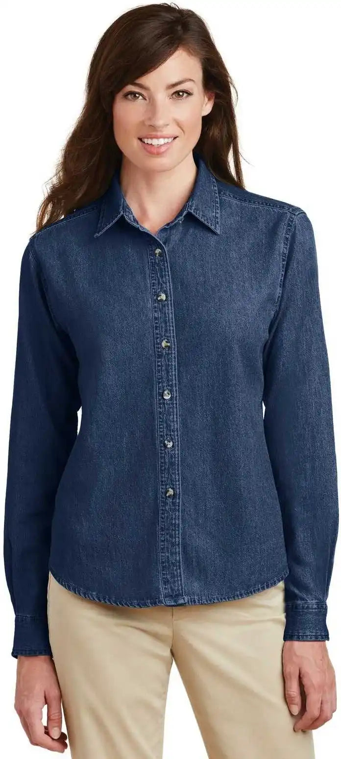 Port &amp; Company Lsp10 Ladies Long Sleeve Value Denim Shirt Ink Blue