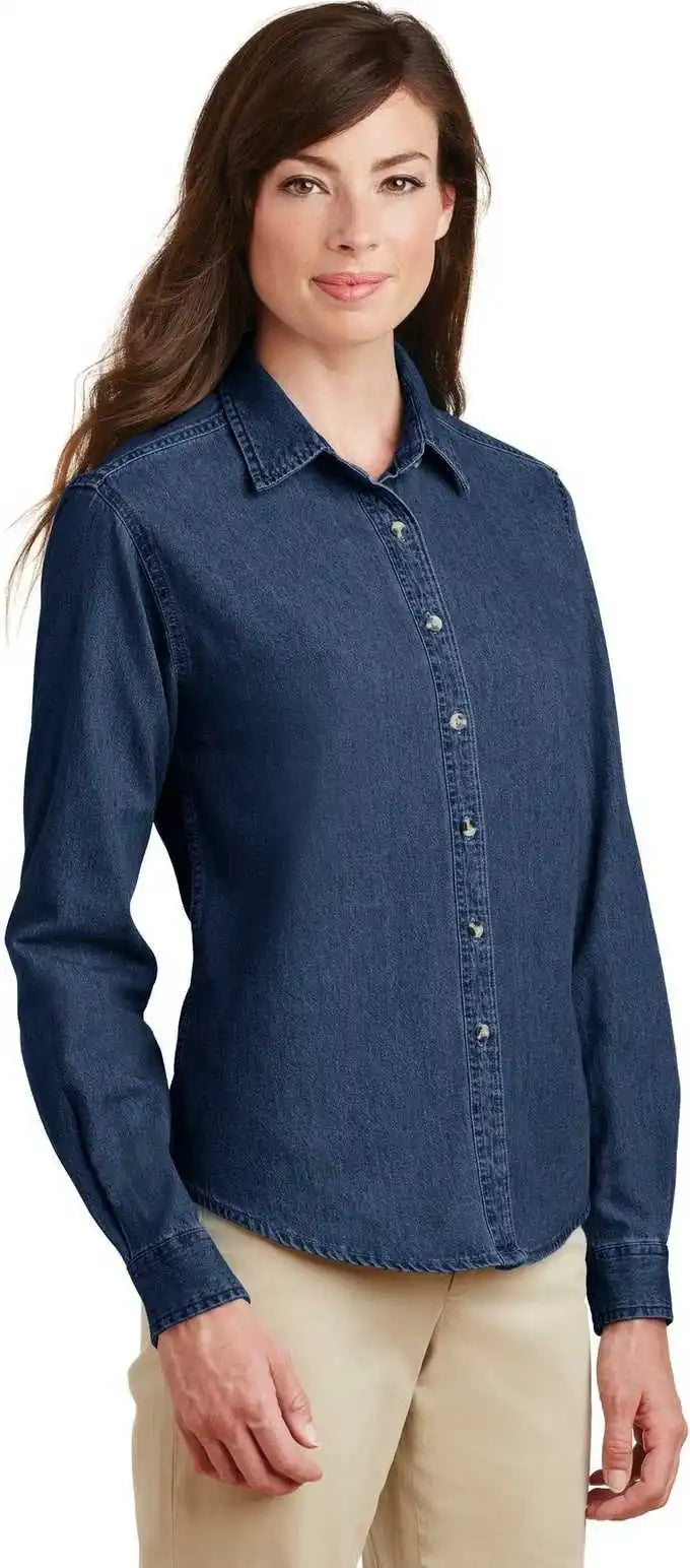 Port &amp; Company Lsp10 Ladies Long Sleeve Value Denim Shirt Ink Blue