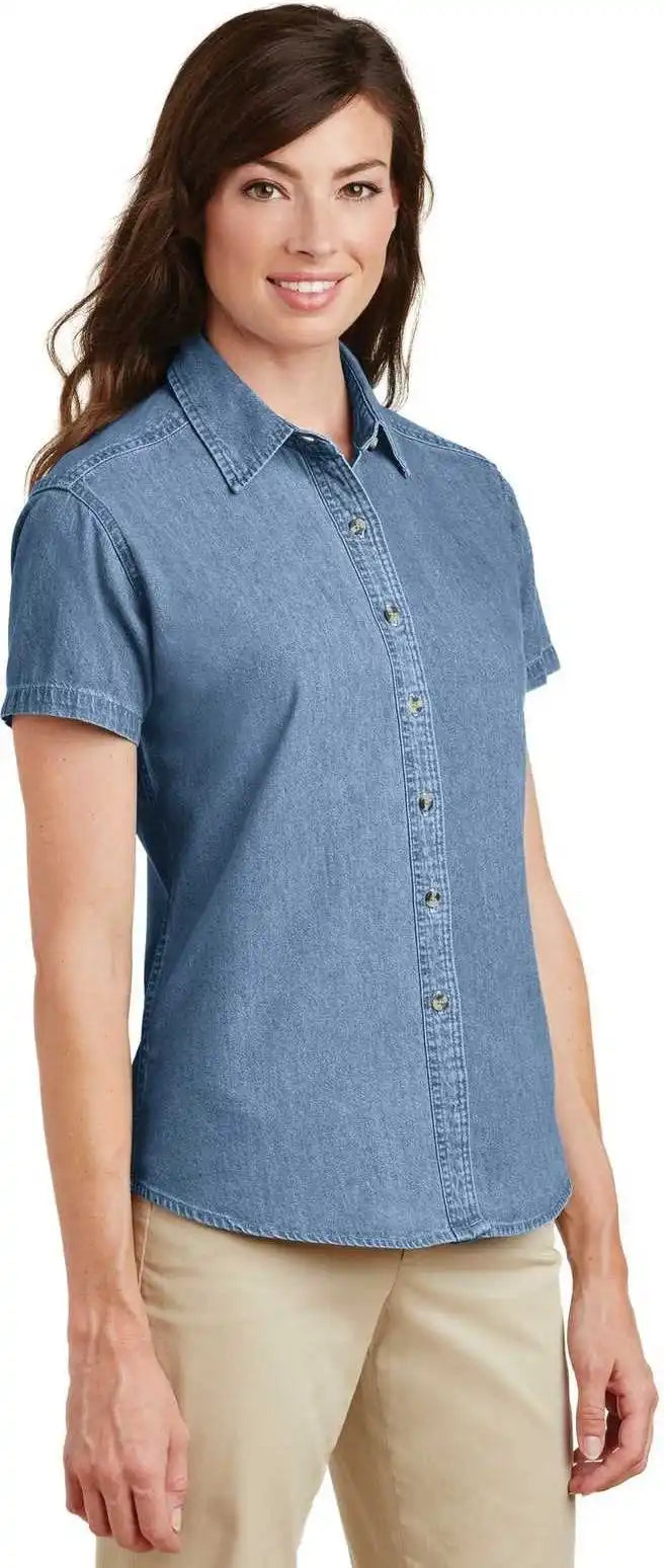 Port &amp; Company Lsp11 Ladies Short Sleeve Value Denim Shirt Faded Blue