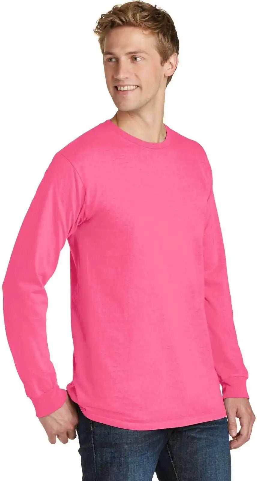 Port &amp; Company Pc099ls Beach Wash Garment Dyed Long Sleeve Tee Neon Pink