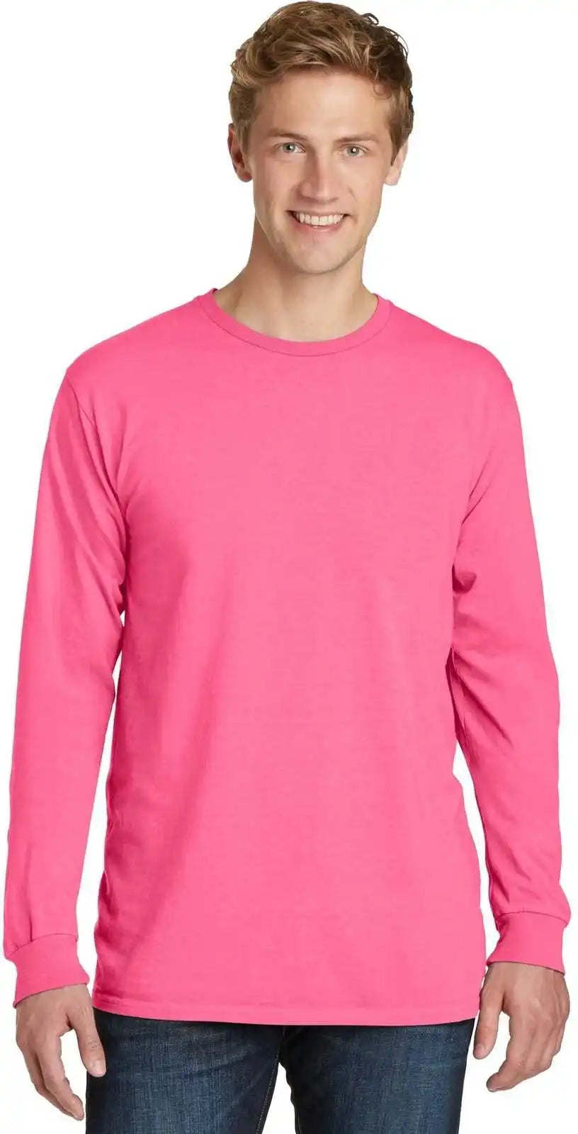 Port & Company Pc099ls Beach Wash Garment Dyed Long Sleeve Tee Neon Pink