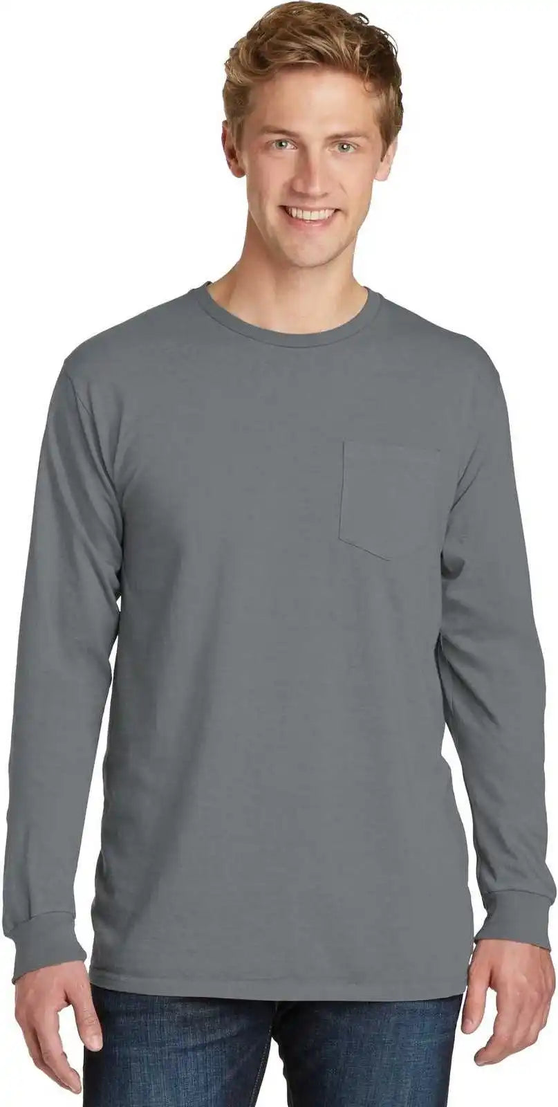 Port & Company Pc099lsp Beach Wash Garment-dyed Long Sleeve Pocket Tee - Pewter