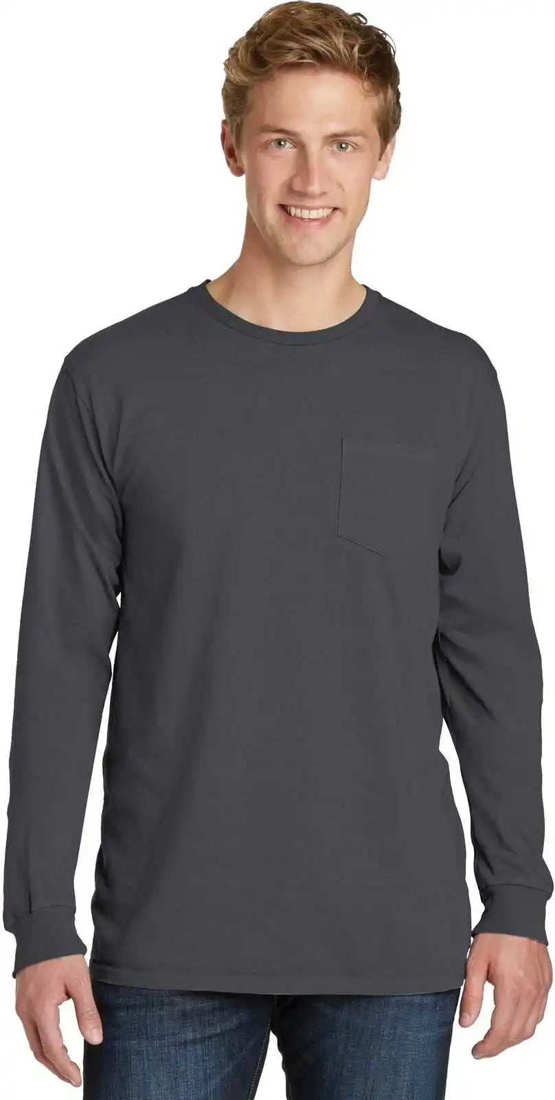 Port & Company Pc099lsp Beach Wash Garment-dyed Long Sleeve Pocket Tee - Coal