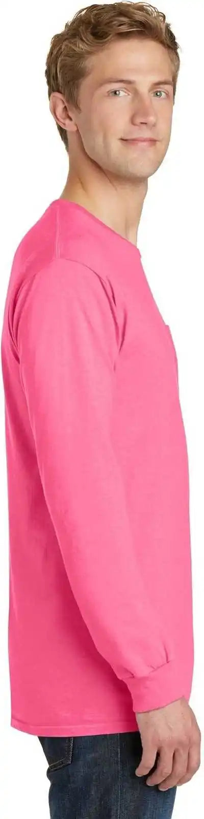 Port & Company Pc099lsp Beach Wash Garment-dyed Long Sleeve Pocket Tee - Neon Pink