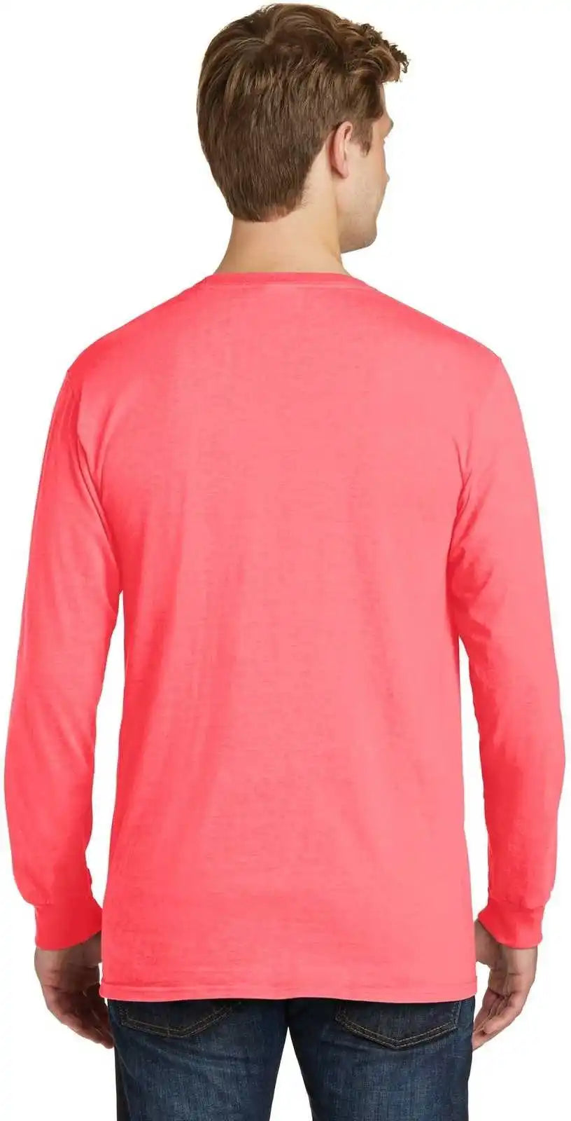 Port & Company Pc099lsp Beach Wash Garment-dyed Long Sleeve Pocket Tee - Neon Coral
