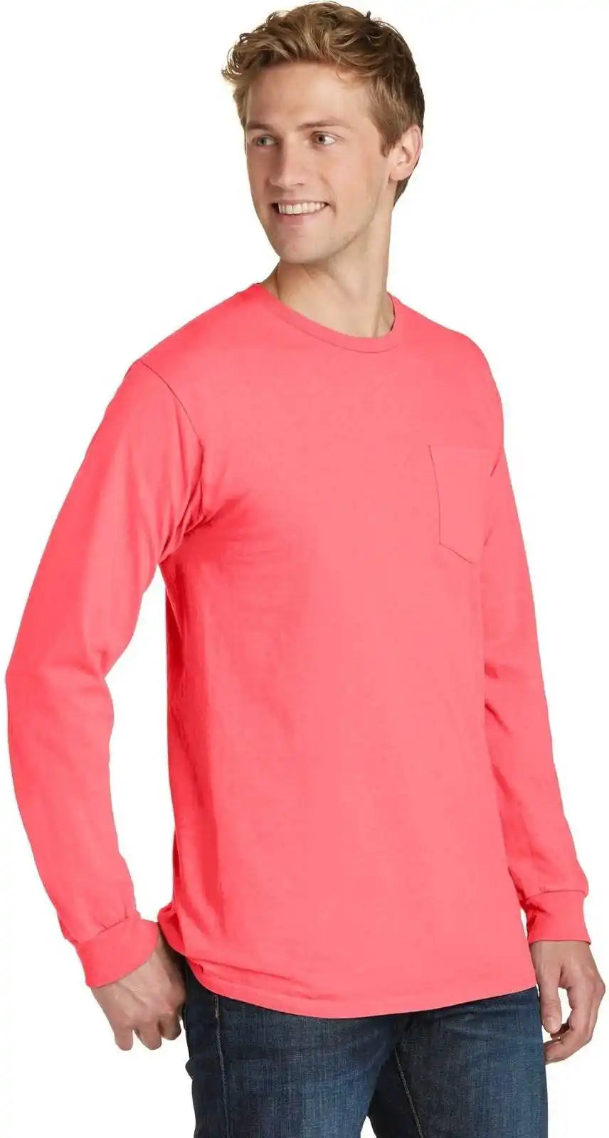 Port &amp; Company Pc099lsp Beach Wash Garment-dyed Long Sleeve Pocket Tee - Neon Coral