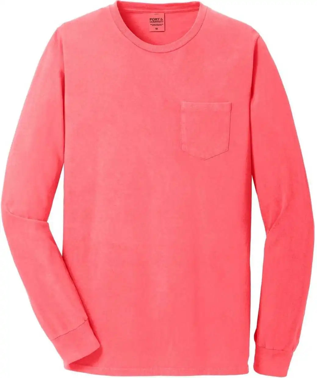 Port &amp; Company Pc099lsp Beach Wash Garment-dyed Long Sleeve Pocket Tee - Neon Coral