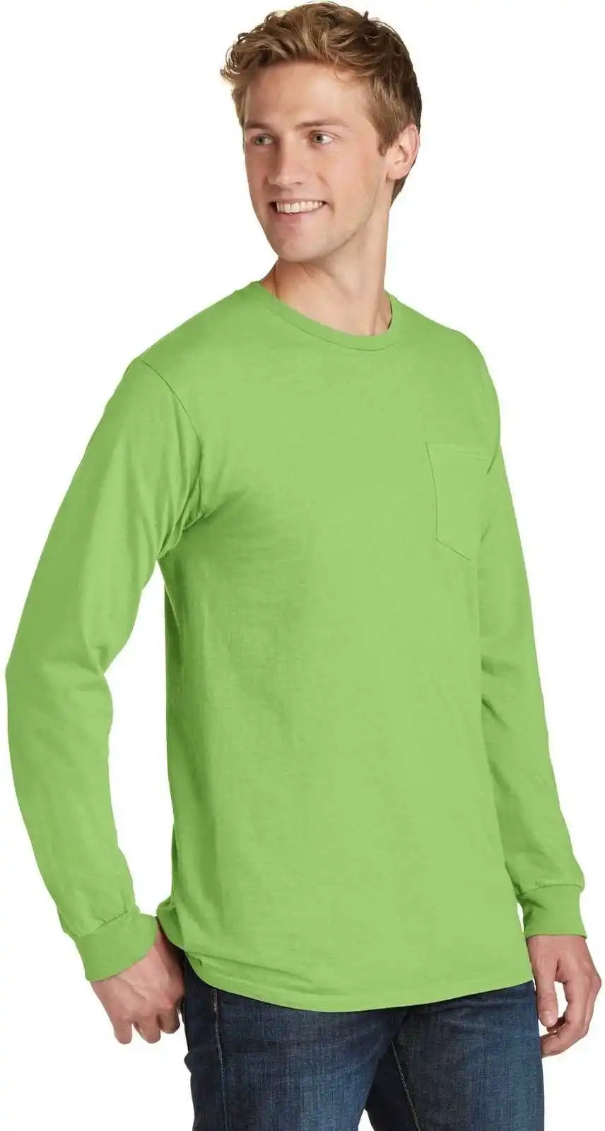 Port &amp; Company Pc099lsp Beach Wash Garment-dyed Long Sleeve Pocket Tee - Limeade