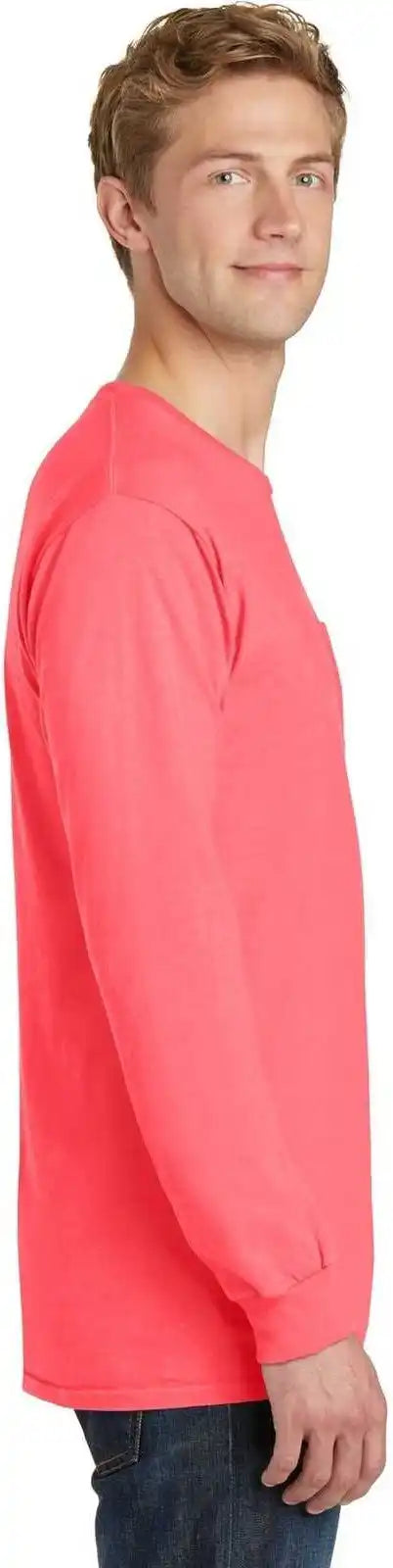 Port &amp; Company Pc099lsp Beach Wash Garment-dyed Long Sleeve Pocket Tee - Neon Coral